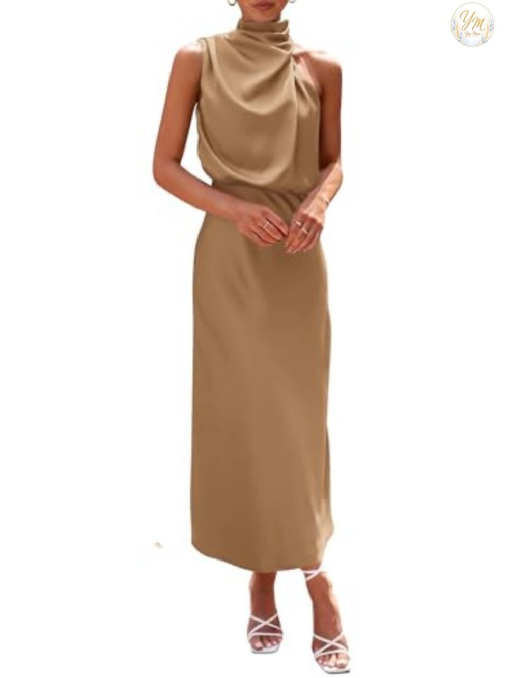 Women Satin Maxi Cocktail Dress Mock Neck Sleeveless Formal